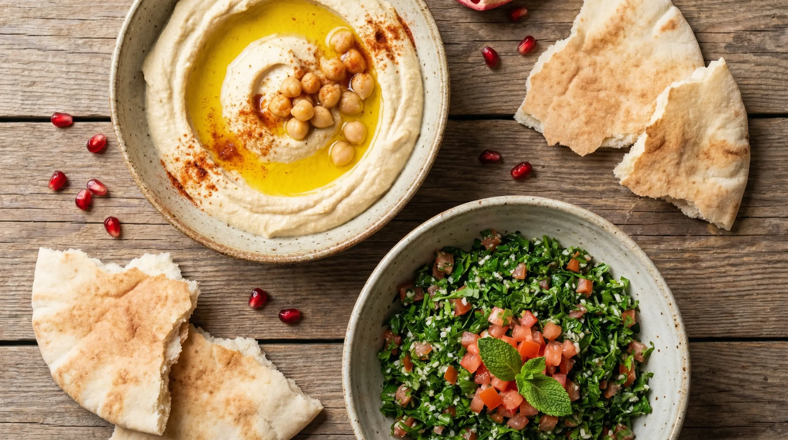 Assortiment de mezze froids libanais : houmous, moutabal, taboulé