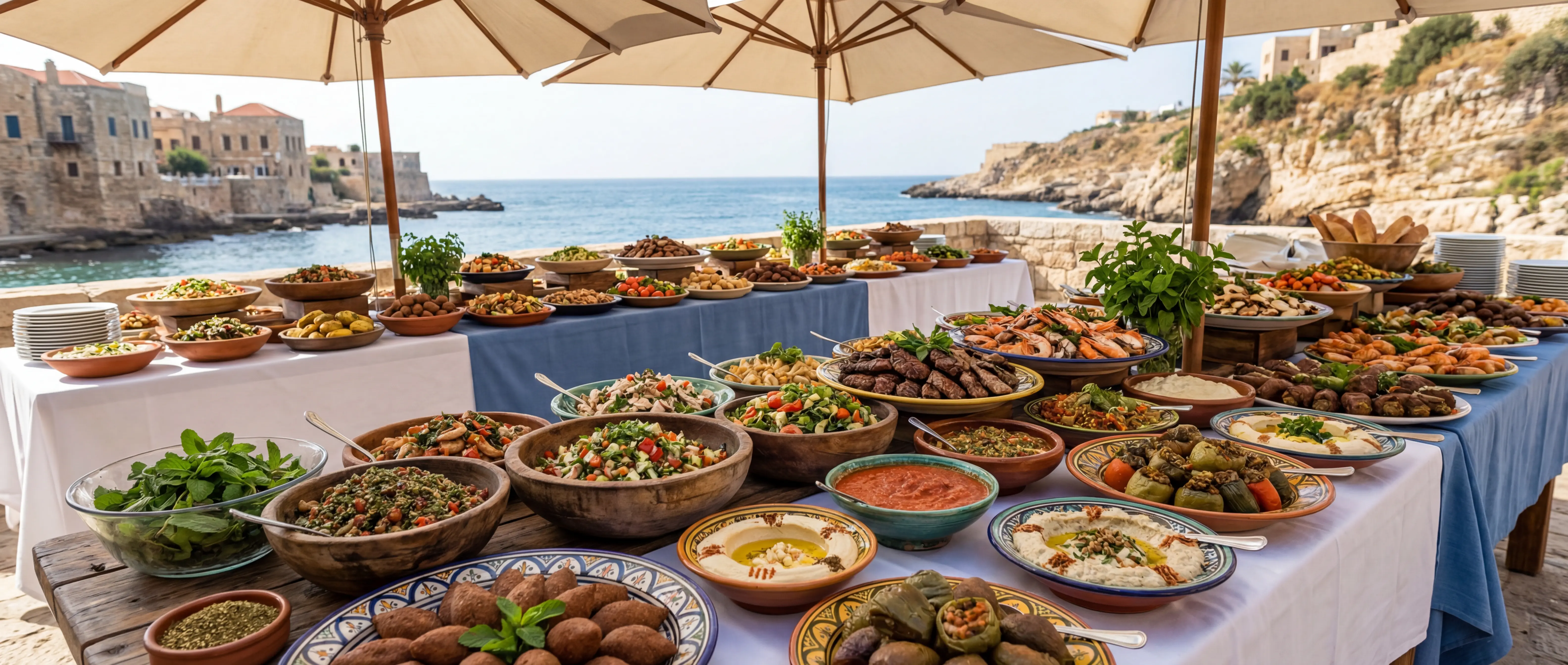 Buffet libanais dressé sur une longue table pour un événement d'entreprise